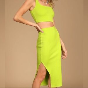 Lulus Lime Green Ribbed Midi Skirt and Top